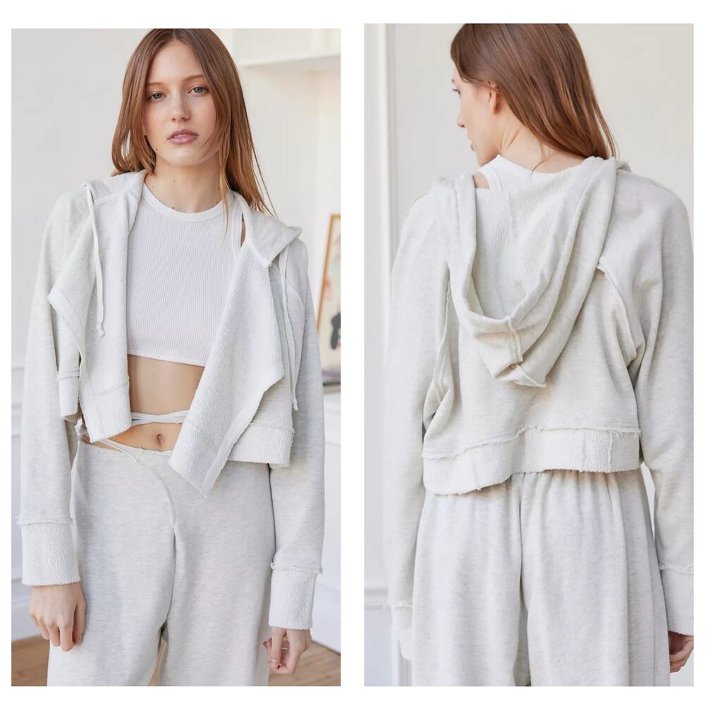 OU Out From Under Koa Open-Front Hoodie Sweatshirt Small Gray Cropped Loungewear
